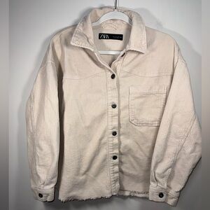 Zara Womens Off-White Cream Corduroy Ribbed Button-Up Jacket Size Large